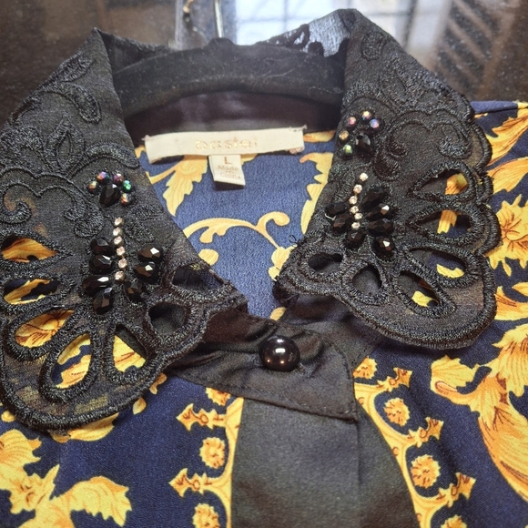 Pastel Button High-Low Gold/Black Long Sleeve Blouse Tunic Top Women Size Large - Picture 8 of 14